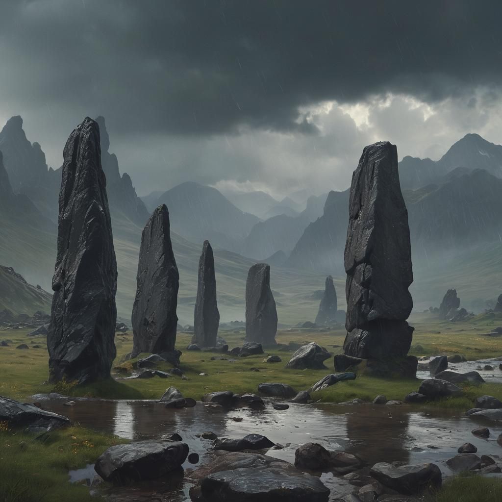 Misty Standing Stones in Dramatic Landscape