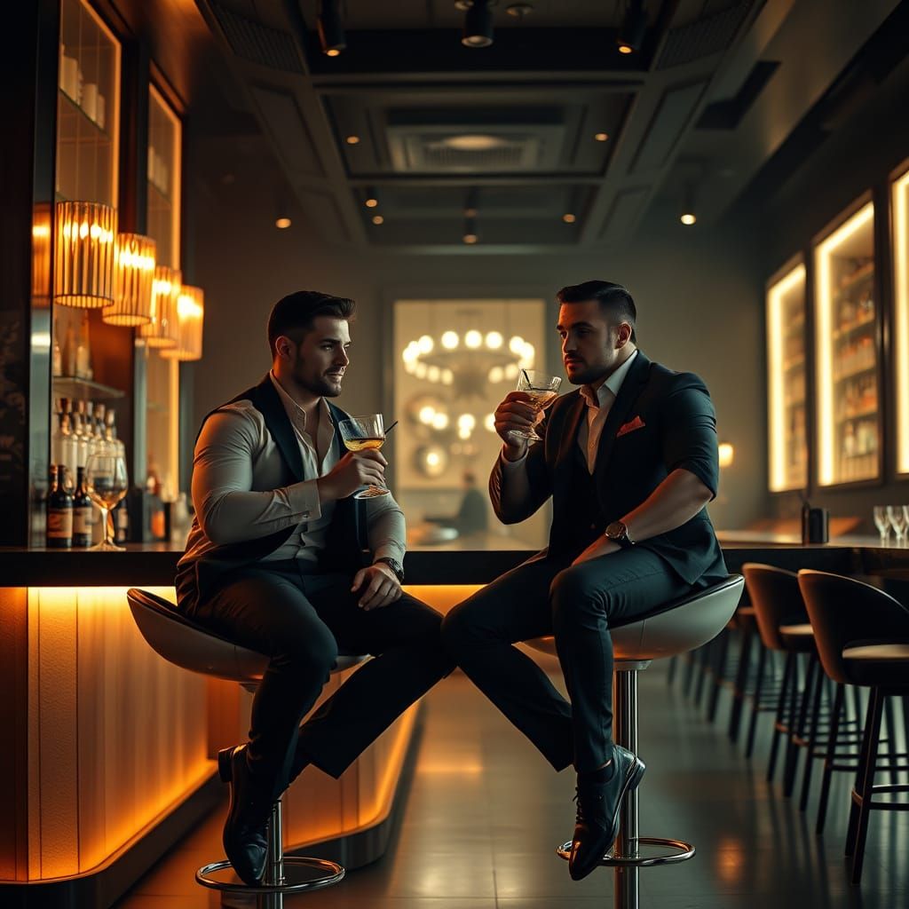 Muscular Men Enjoying Cocktails in Futuristic Noir Bar