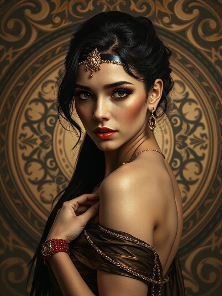Brunette Femme Fatale in Art Nouveau Style