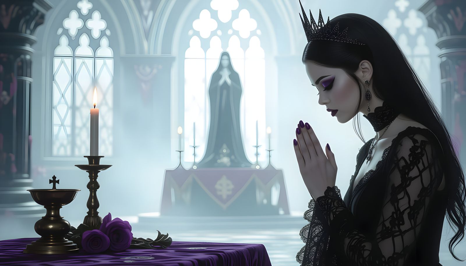 Gothic Girl Praying at Altar in Light