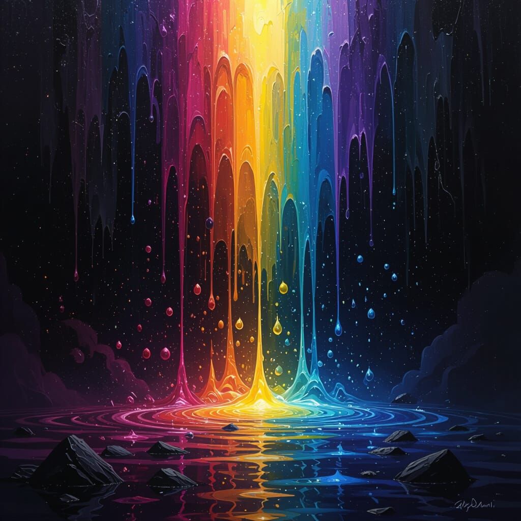 Vibrant Colors Descend Into Black Abyss Oil Painting