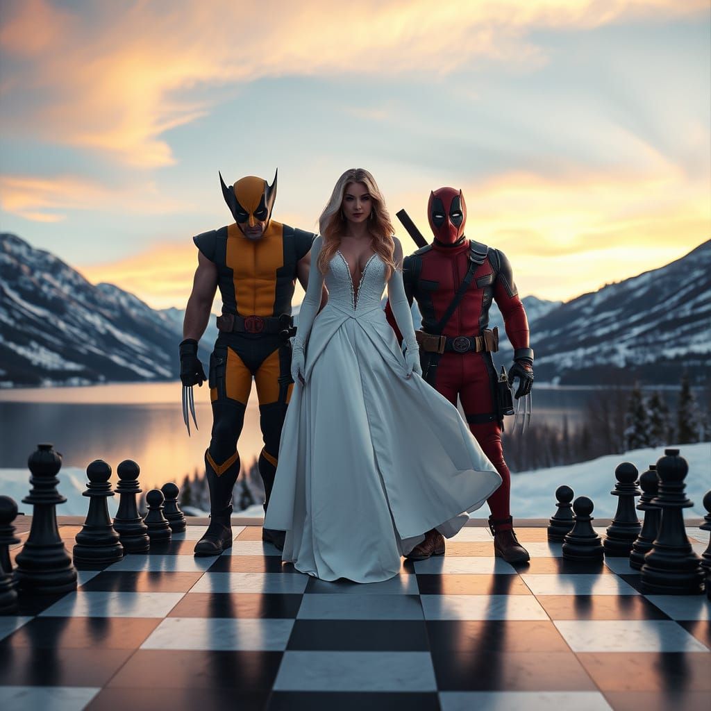 Wolverine, Emma Frost, and Deadpool on Chessboard