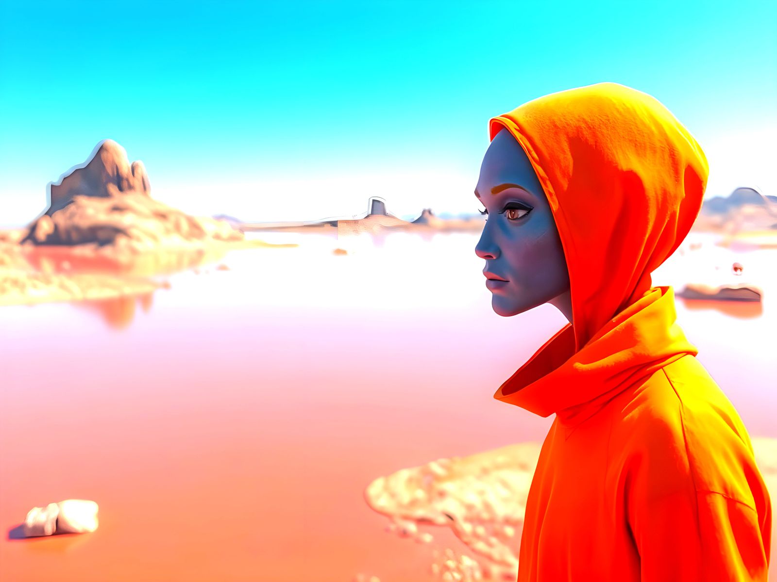 A Handsome Purple Alien Stares Out at the Orange Sea