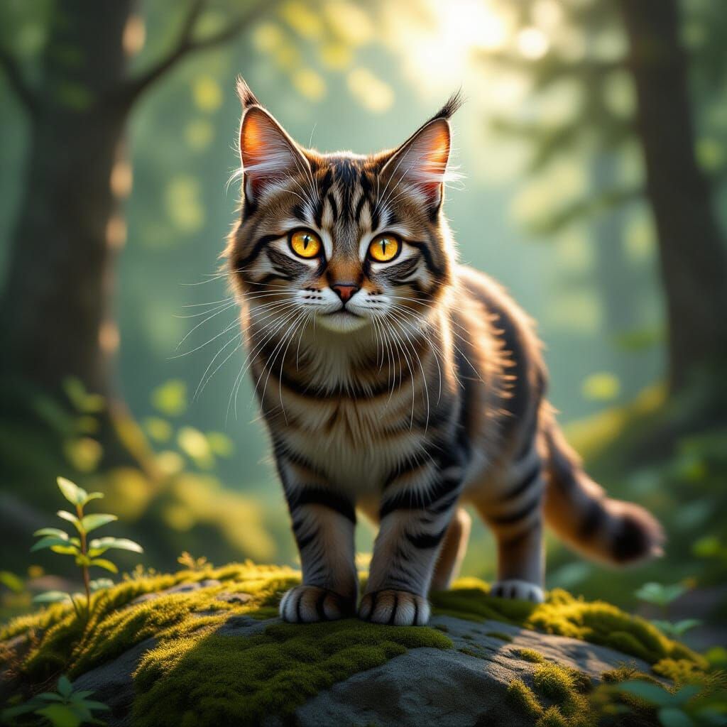 Warrior Cat with Amber Eyes in Sunlit Forest