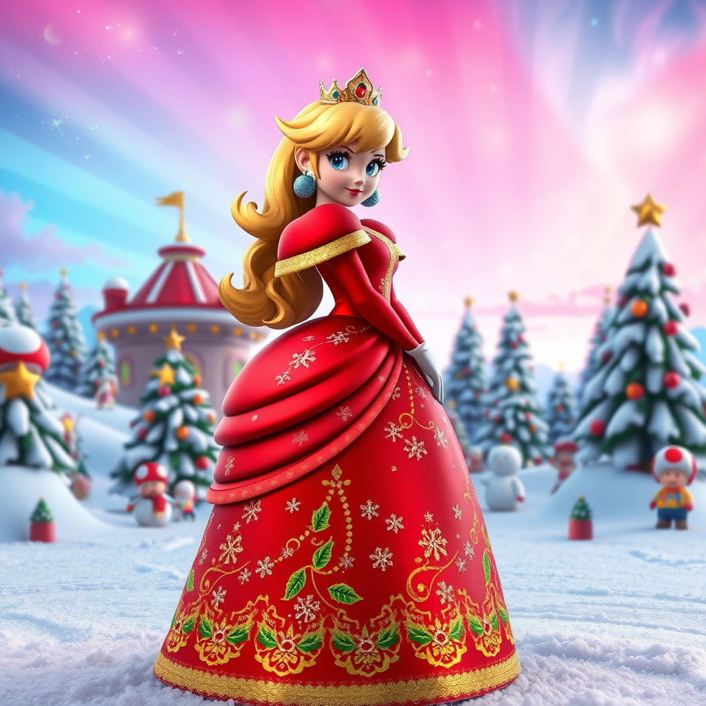 Princess Peach Christmas in Mushroom Kingdom, 3D Digital Art
