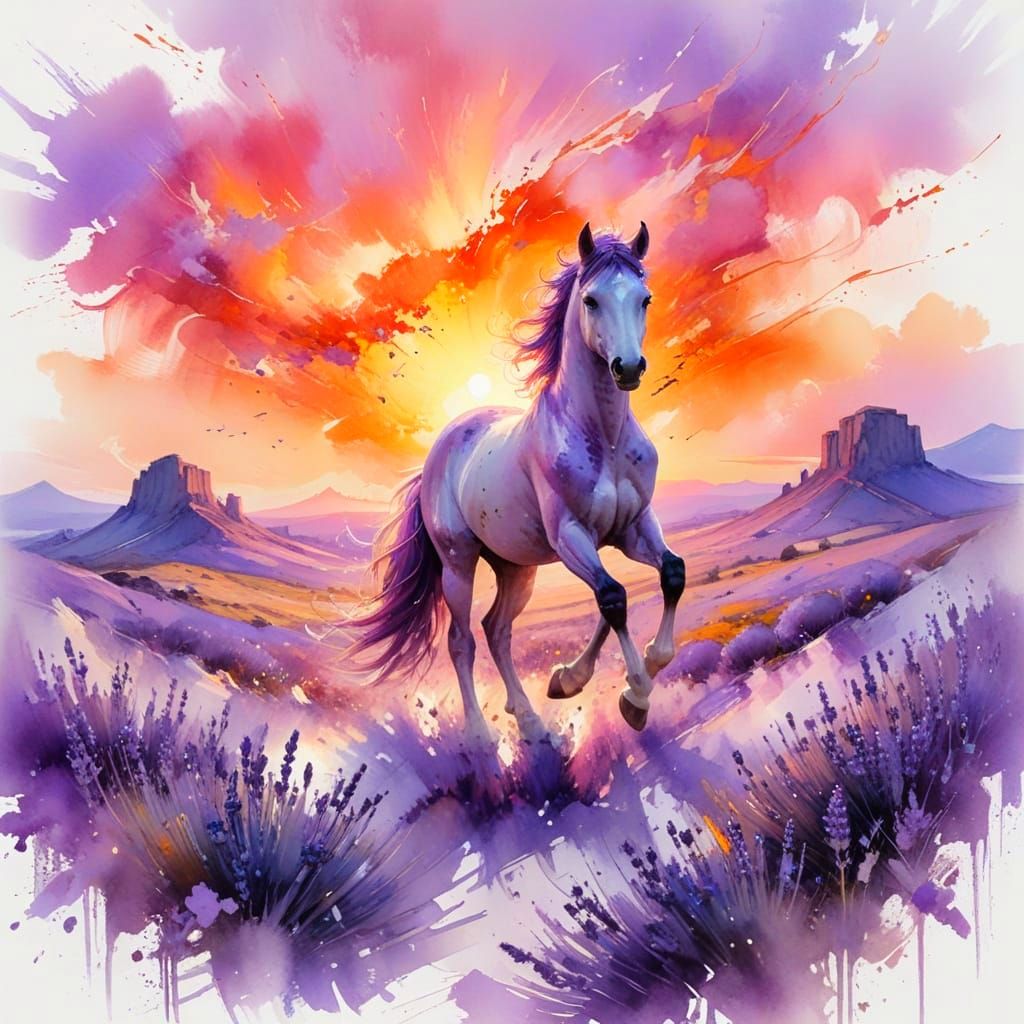 Spirited Colt Gallops Through Lavender Fields at Sunset