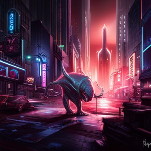 Monstrous Alien Emerges from Neon Art Deco City