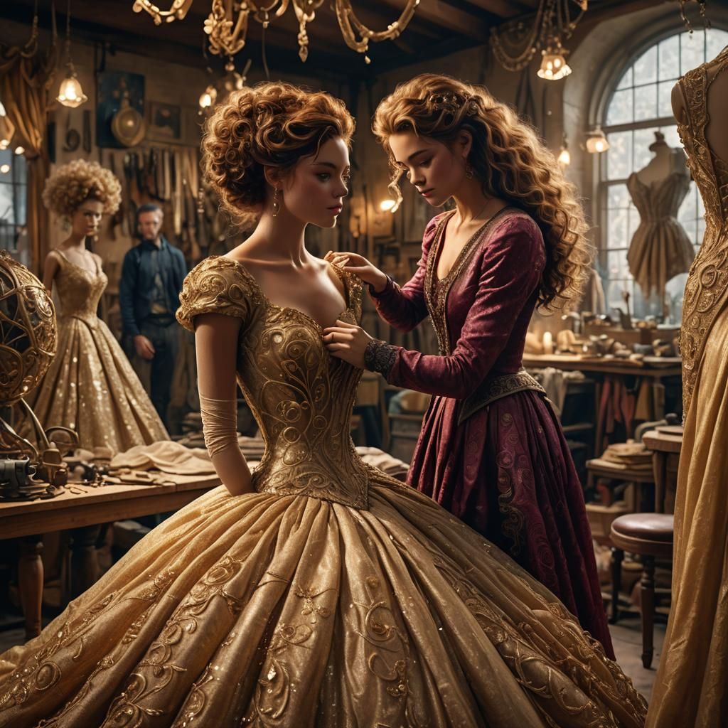 Atelier Scene: Ball Gown Design in Golden Light