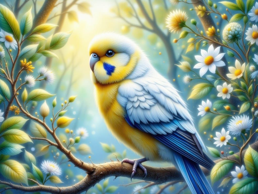 Vivid Budgerigar in Dreamy Forest, Watercolor Style