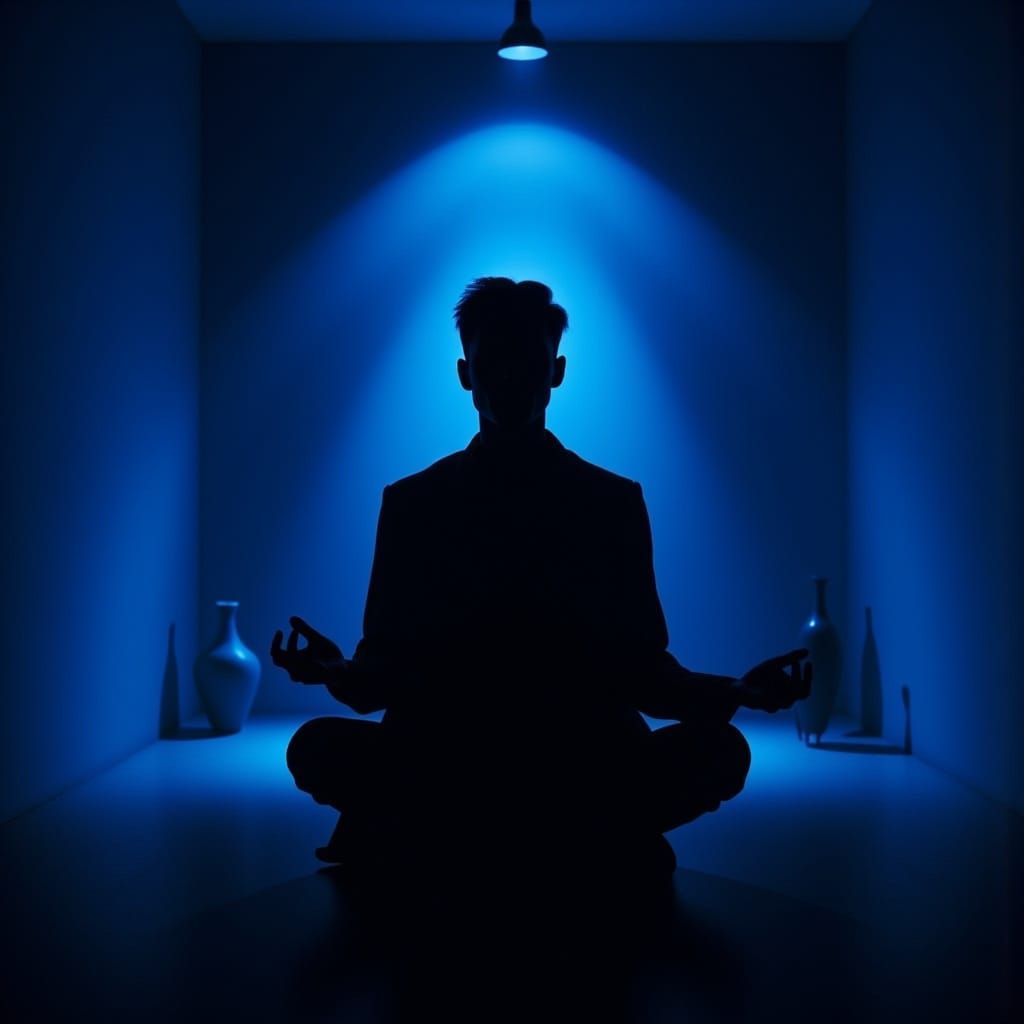 Meditative Silhouette in Blue Lit Dark Room