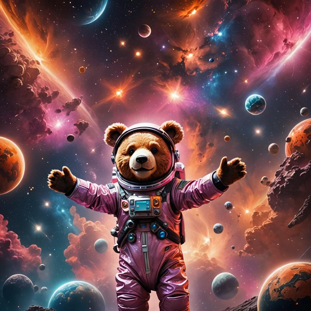 Teddy Bear Astronaut Lost in Colorful Nebula