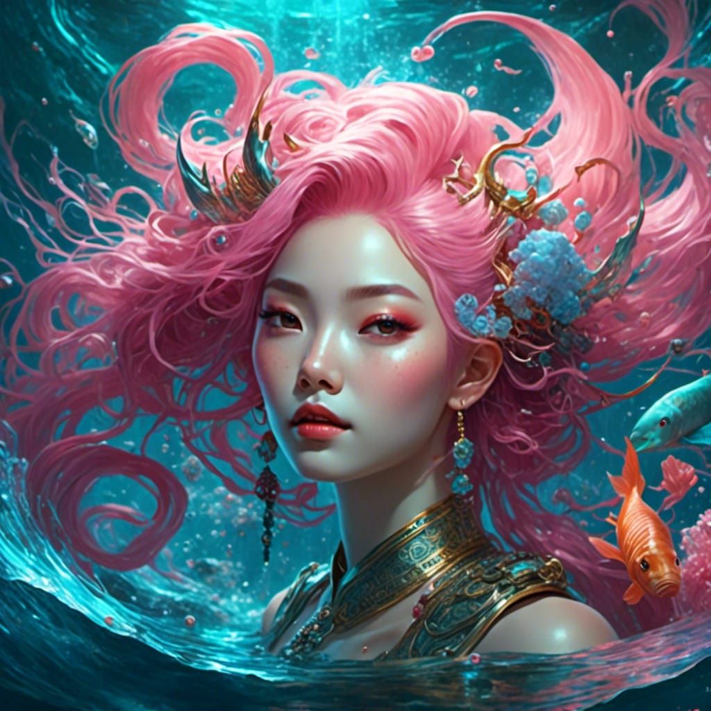Pink-Haired Girl in Water: Fantasy Art Portrait