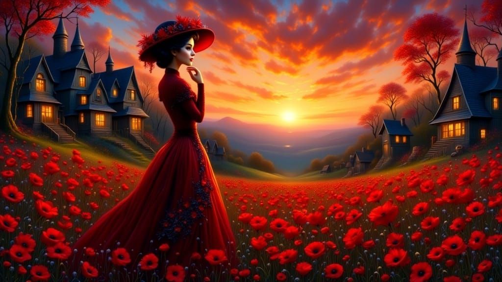 Elegant Woman Contemplates Sunset in Vibrant Field of Red Po...