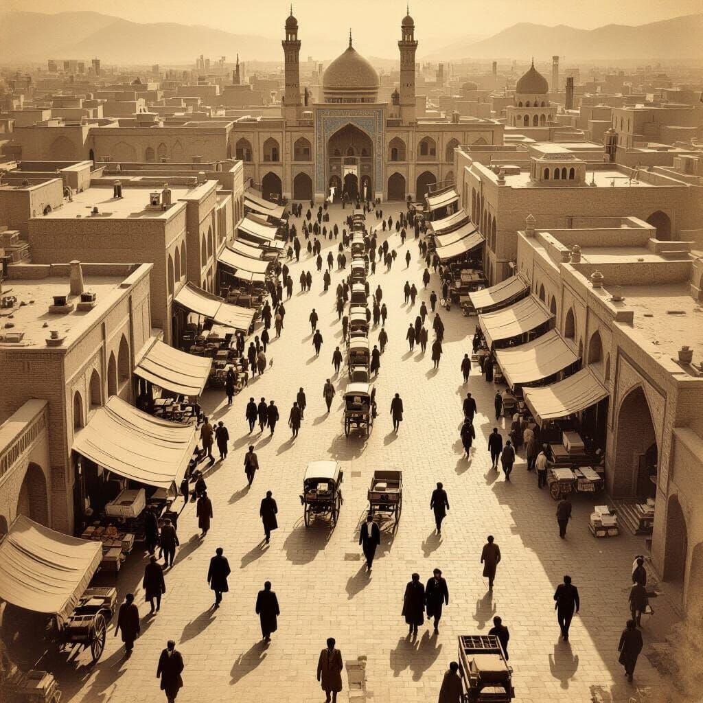 Historical Najafabad Iran Bazaar, Mosque, and Square in Sepi...