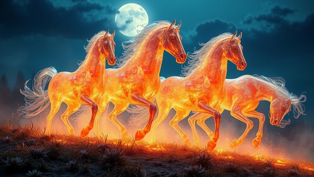 Transparent enameled glass horses under the moon