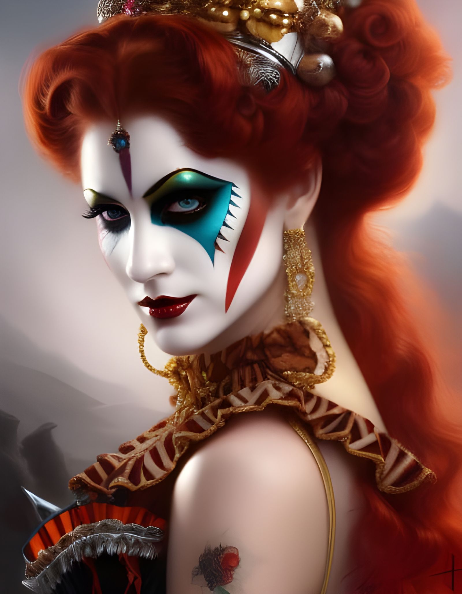 Intricate Harlequin Queen with Red Hair, Digital Art