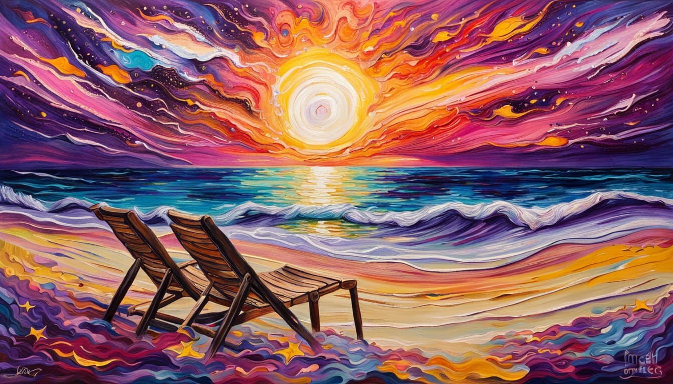 Surreal Sunset Beach: An Impasto Oil Painting