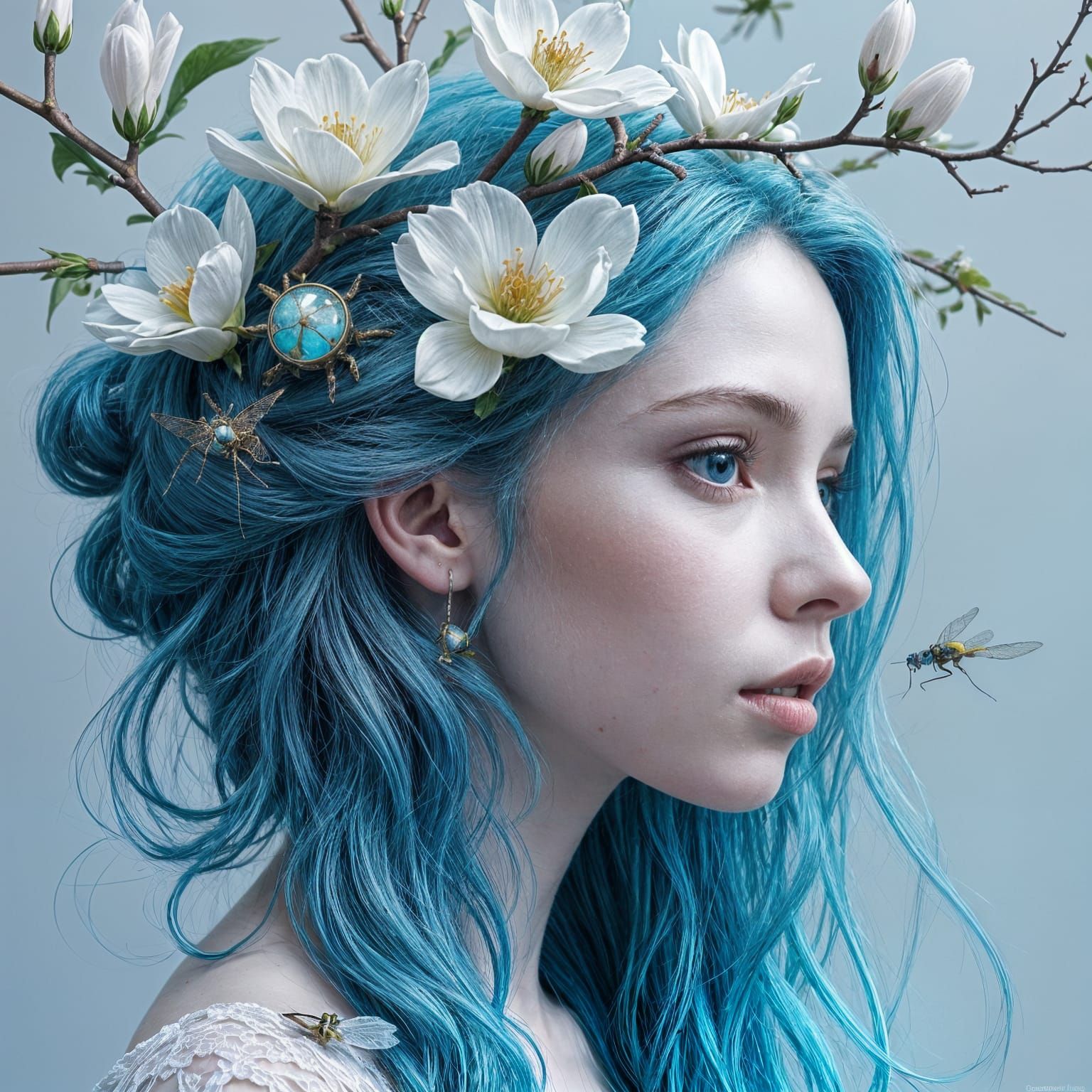 Ethereal Young Woman in Blue-Haired Beauty with Floral and I...