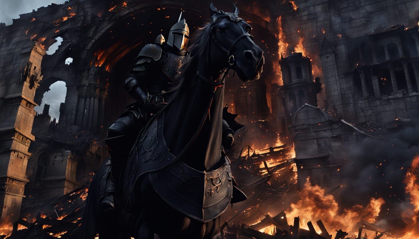 Black Knight Rides Through Burning Battlefield