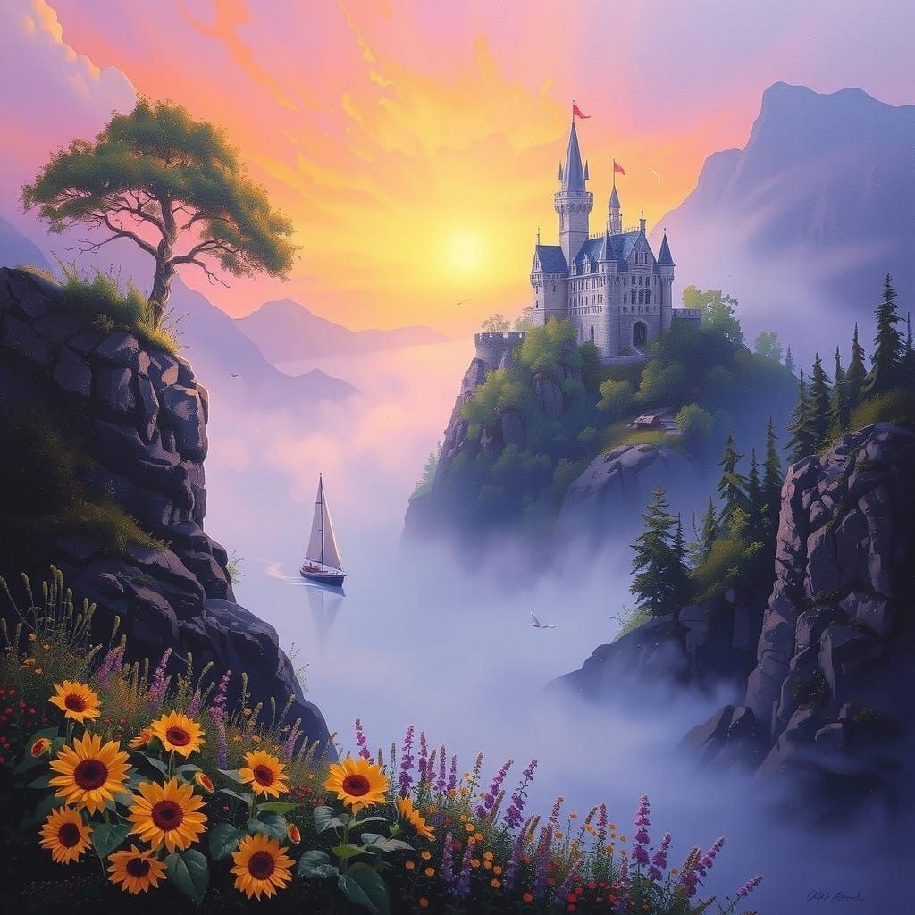 Vibrant Castle on the Hill, a Whimsical Oil Painting