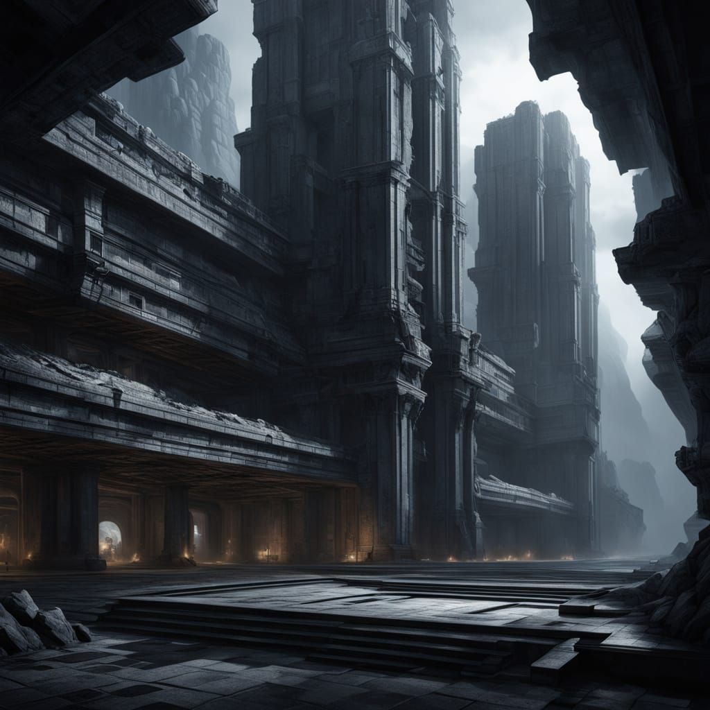 Dark Concrete Pillars In Dramatic Cinematic Lighting