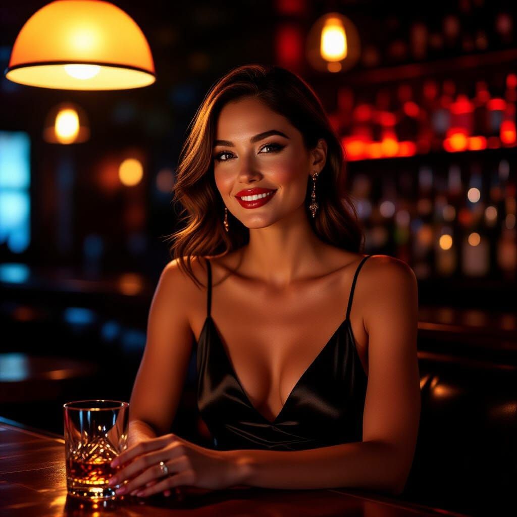 Elegant Woman in Cocktail Bar, Photorealistic Style