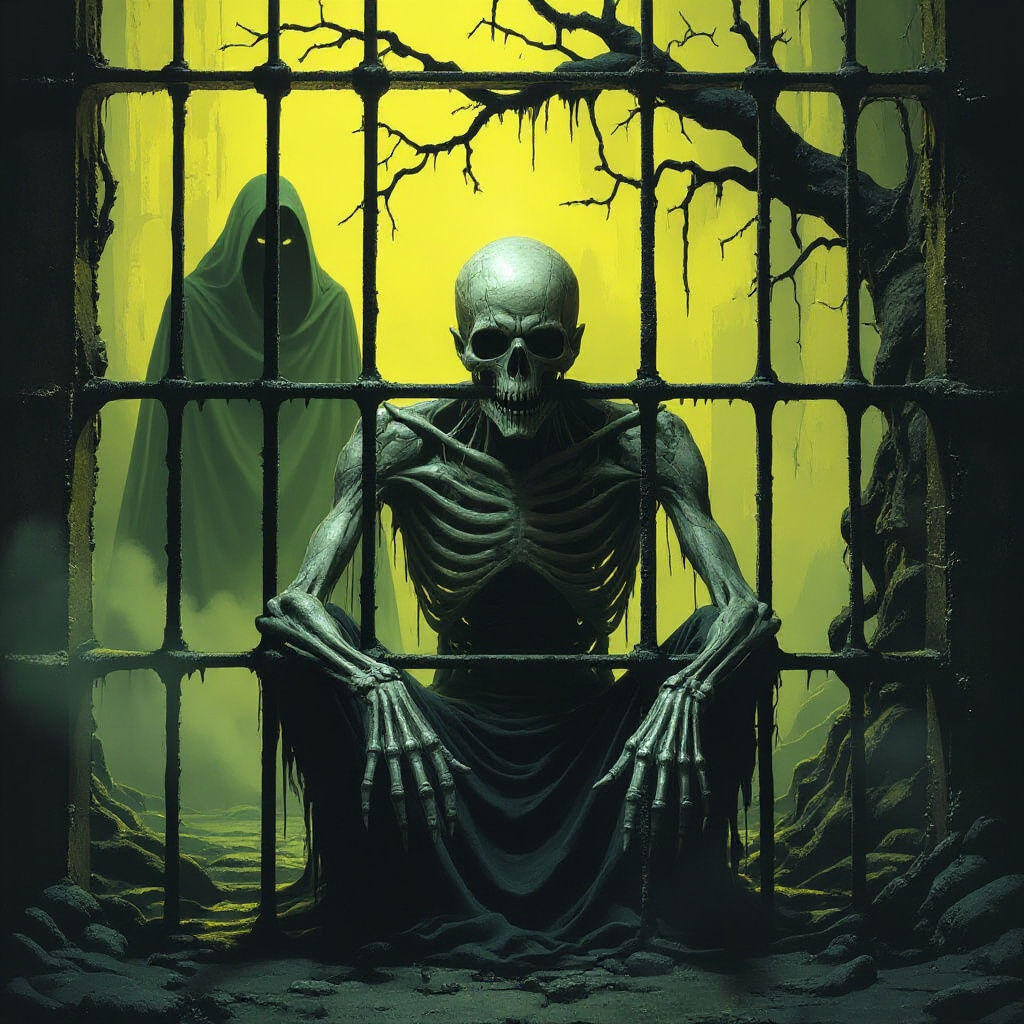 Furious Skeletal Entity Trapped in Gothic Horror Cage