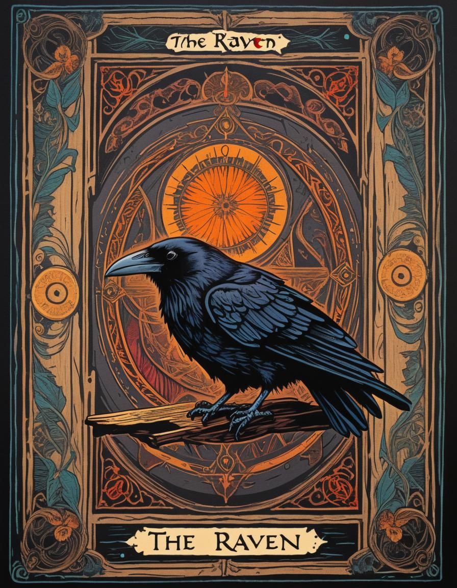 The Raven Tarot Card in Renaissance Woodcut Style