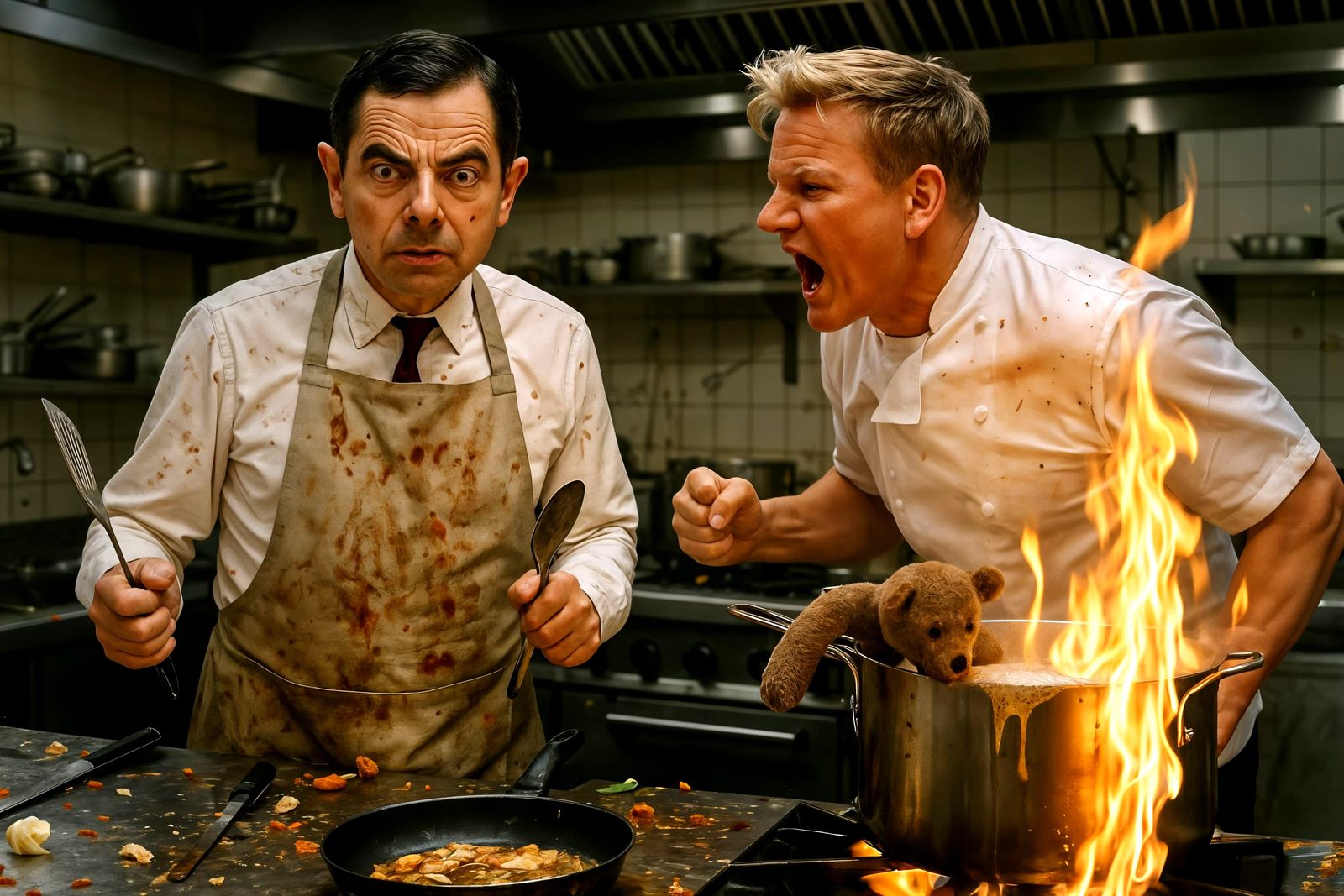 Chaotic Kitchen Scene with Mr. Bean and Ramsay