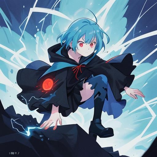 Anime Superheroine with Light Blue Hair in Black Costume