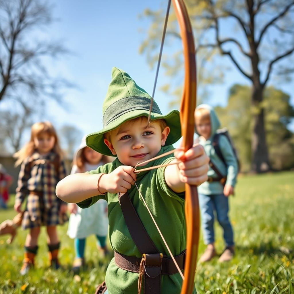 Boy Dressed as Robin Hood with Friends on Sunny Day