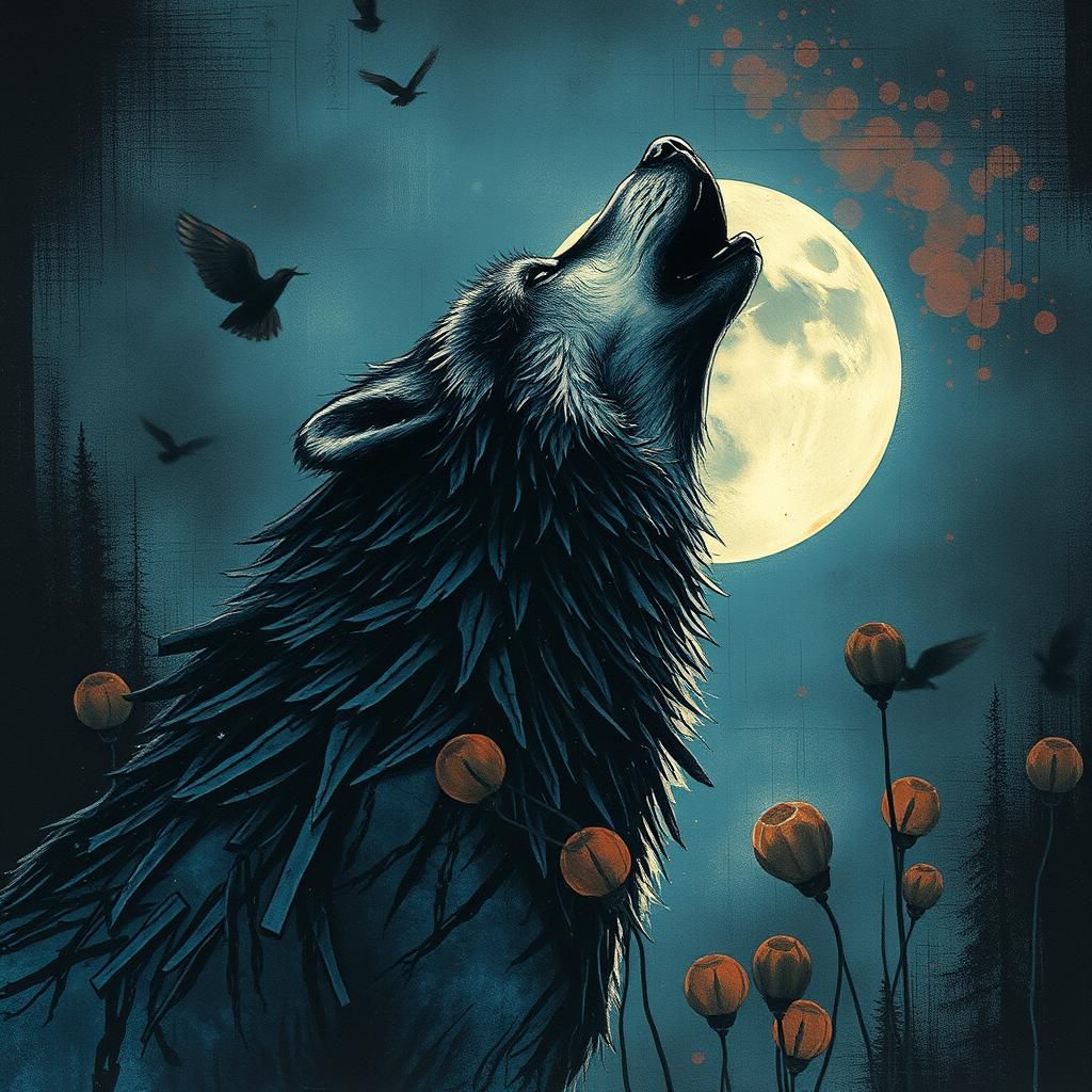 Ethereal Wolf Howling at Moon in Chiaroscuro