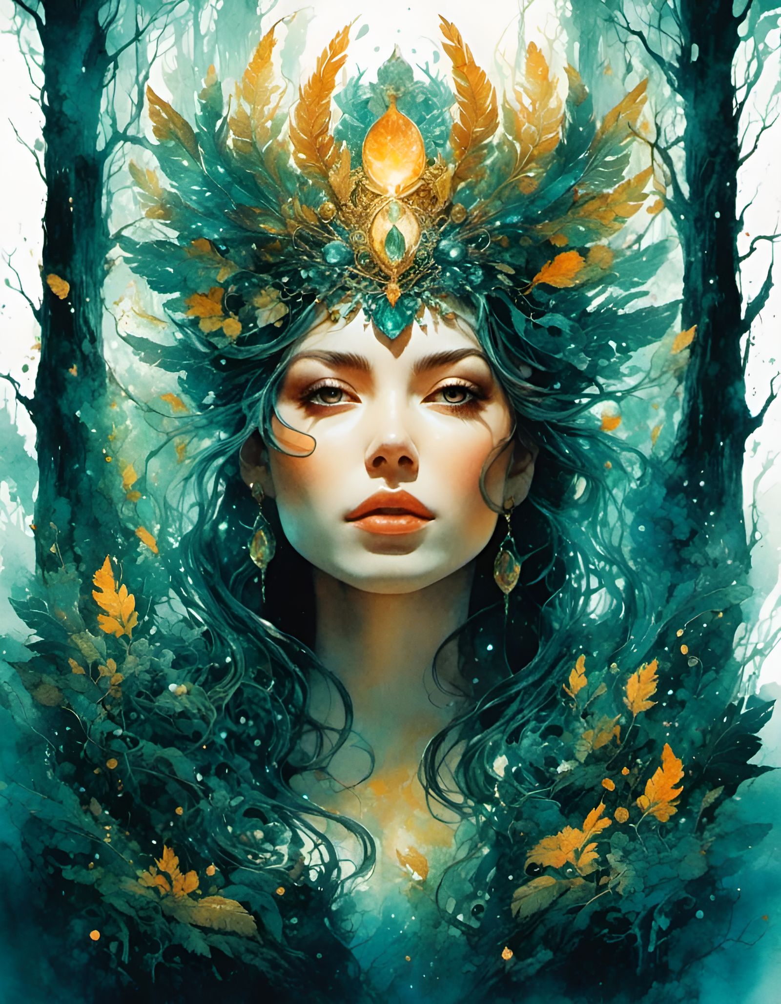 Captivating Watercolor Portrait in a Dark Forest