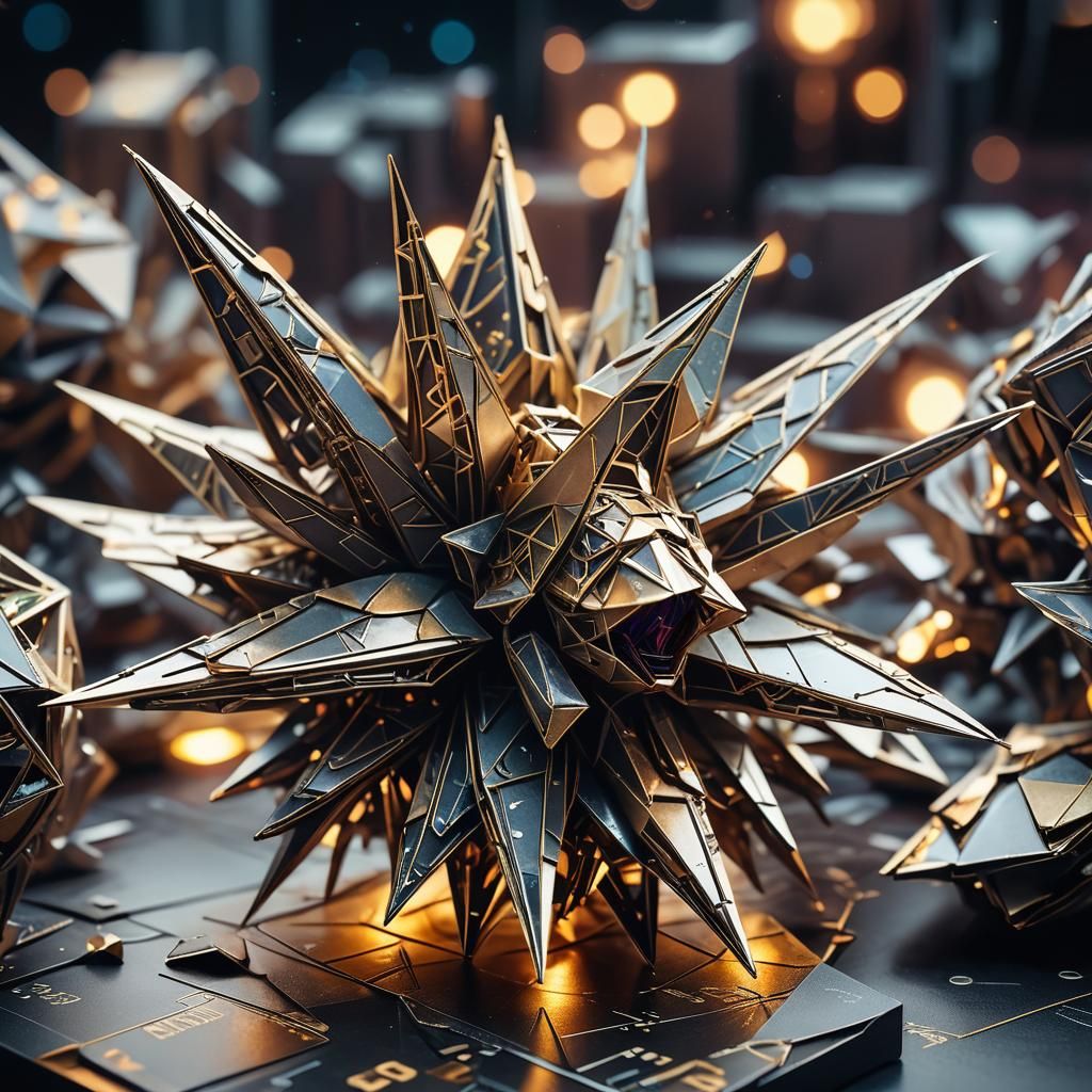 Cyberpunk Metallic Origami Sculpture in Macro