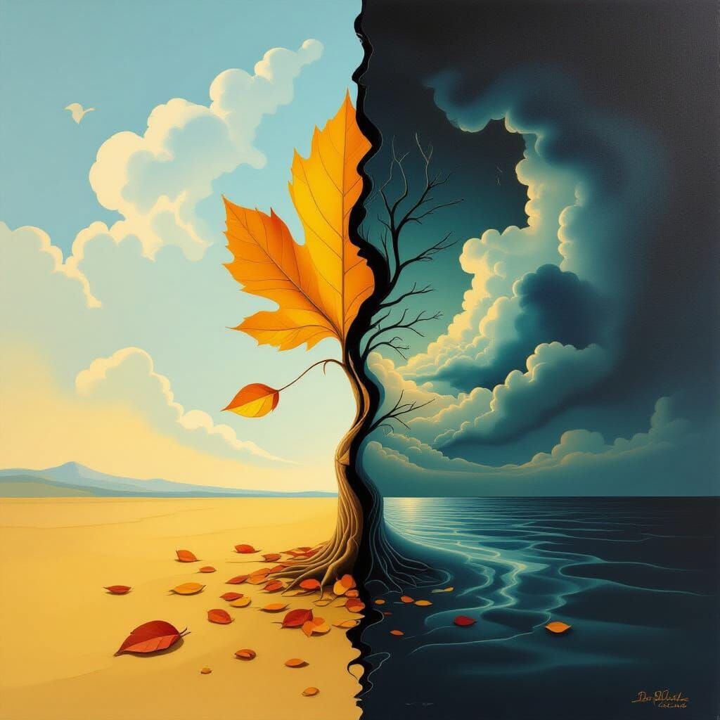 Leaf Flies Through Seasons in Surreal Dali Style