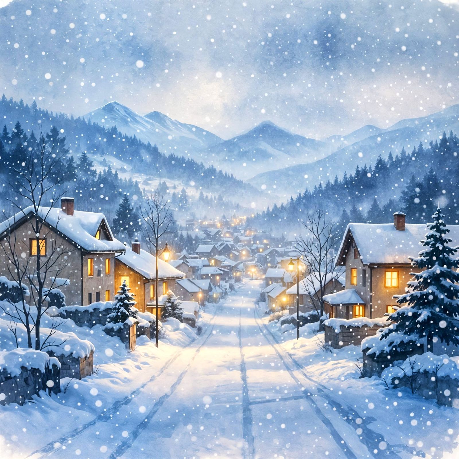 Watercolor Winter Valley Landscape with Gentle Snowfall