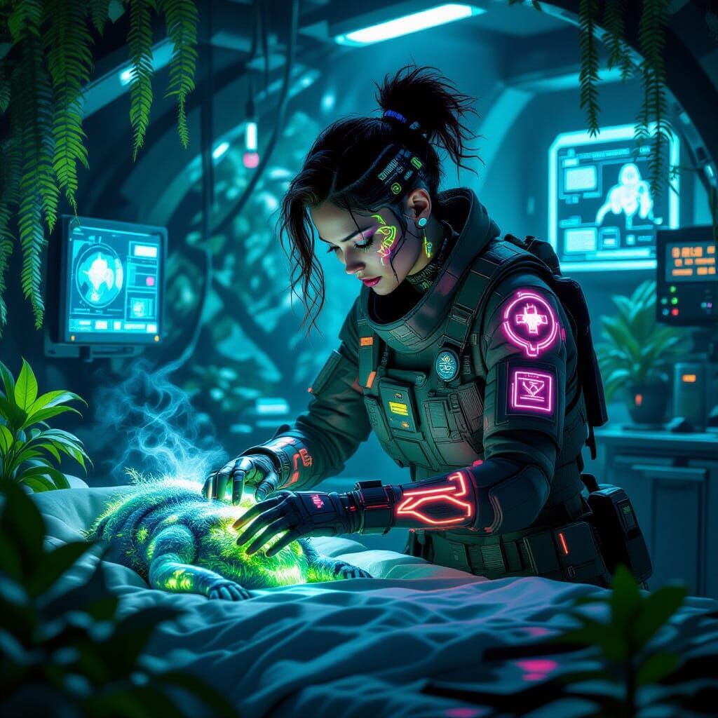 Cyberpunk Medic Cares for Luminous Creature Underground