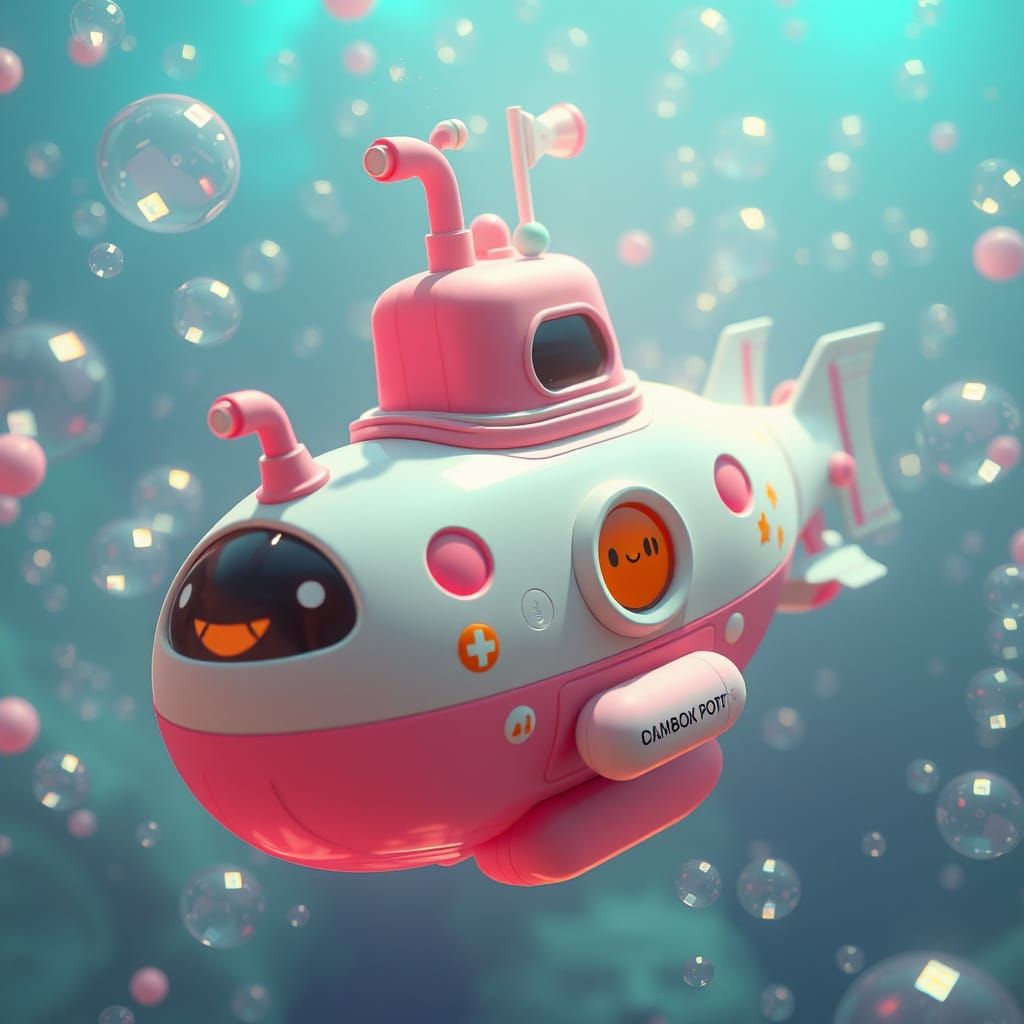 Pastel Kawaii Submarine Exploring a Shimmering Bubble Ocean