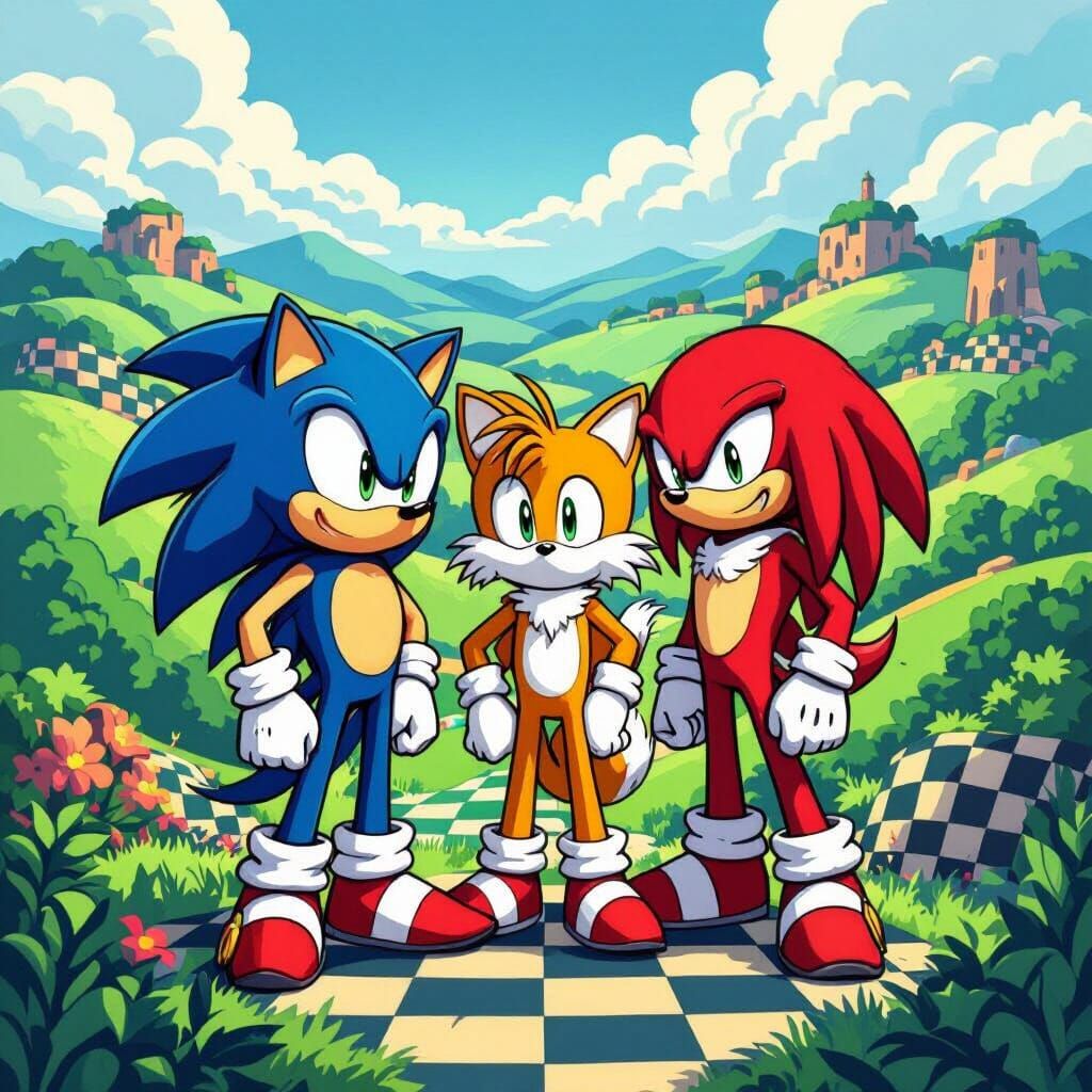 Sonic, Tails, and Knuckles in Vibrant Stylized Hills
