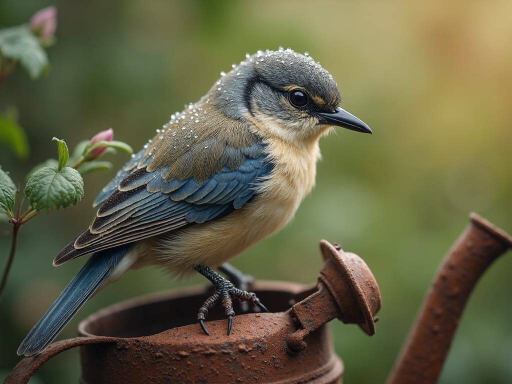 Dew-Kissed Bird on Watering Can: Ethereal Garden Scene