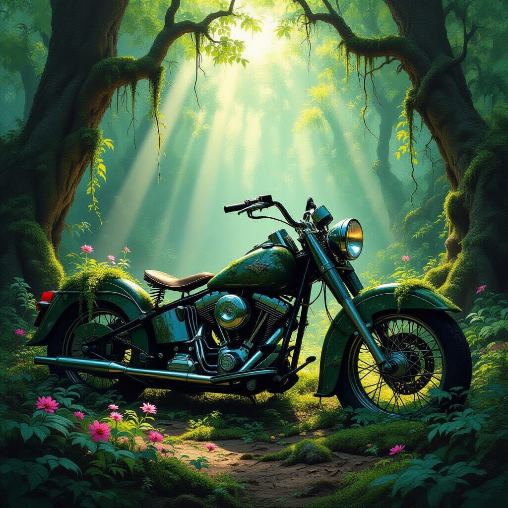 Moss Covered Stone Motorcycle in Sunlit Forest Clearing