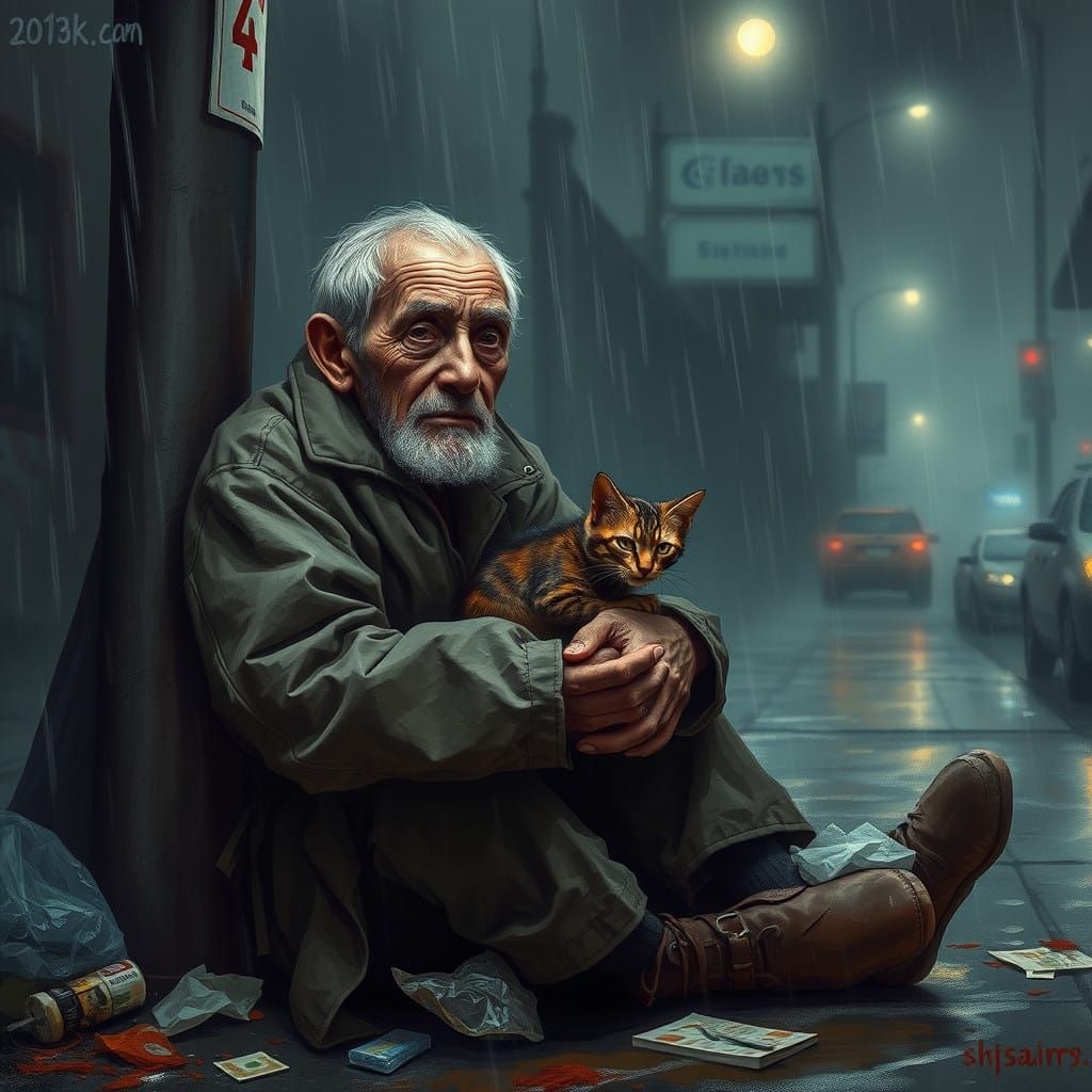 Homeless Man Comforts Feral Cat in Gritty City Scene