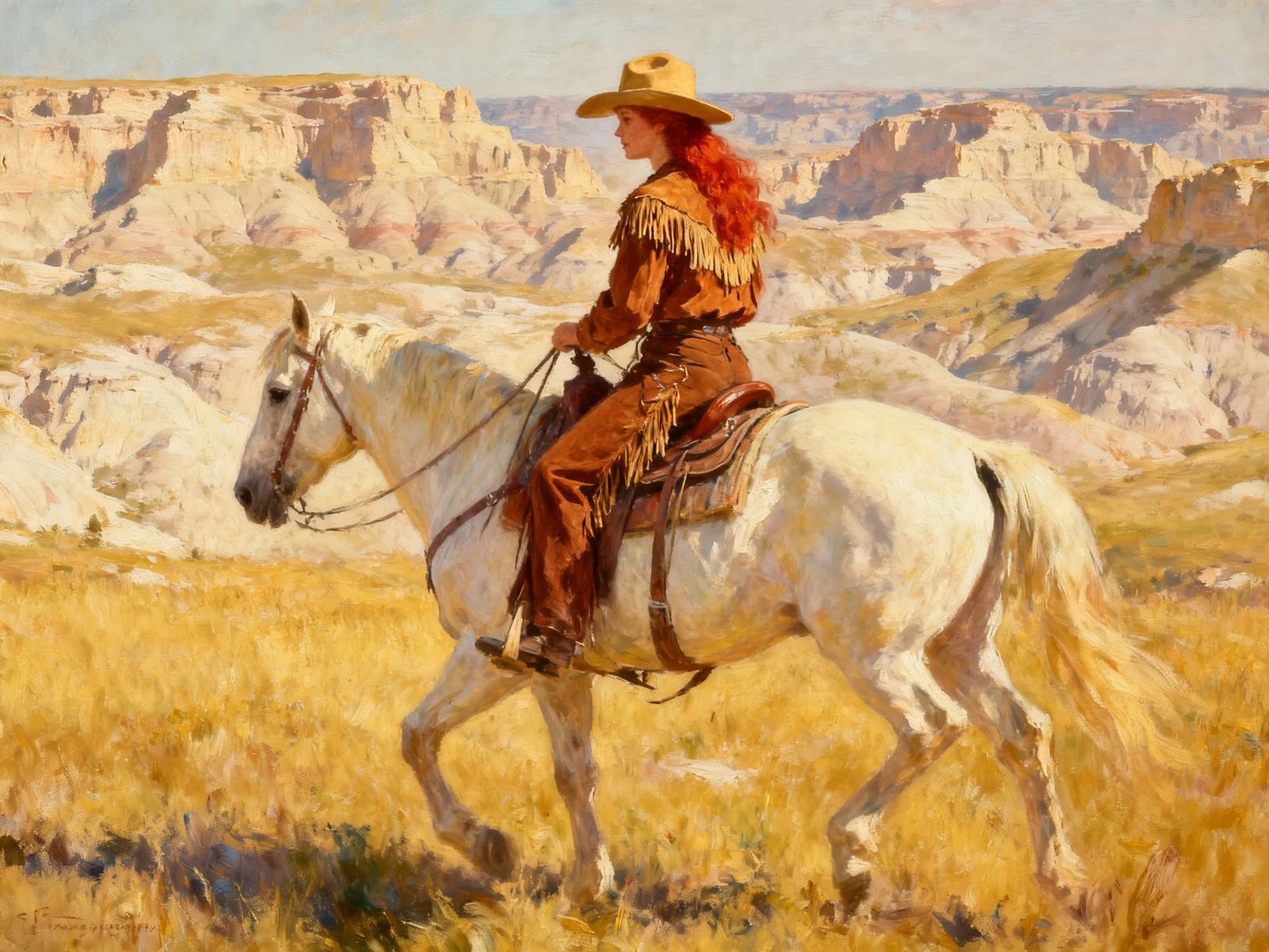 Red-Haired Cowgirl on Horseback in Badlands Oil Painting