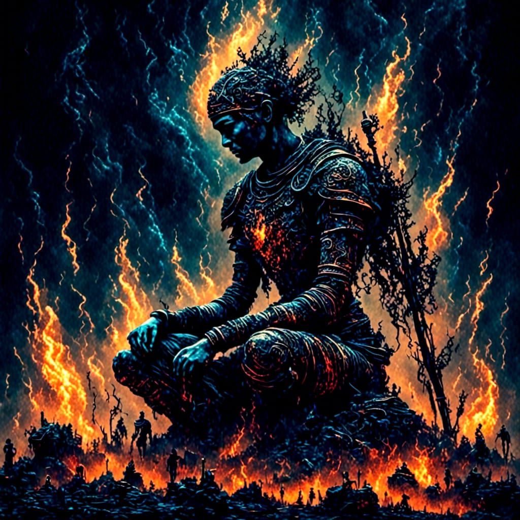 <lora:Magnificence:1.0> <lora:Gullyism:1.0> a warrior kneels...