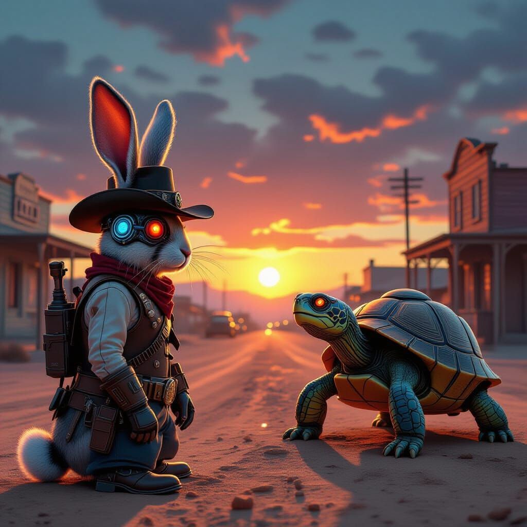Steampunk Rabbit vs Cybernetic Turtle in Dodge City