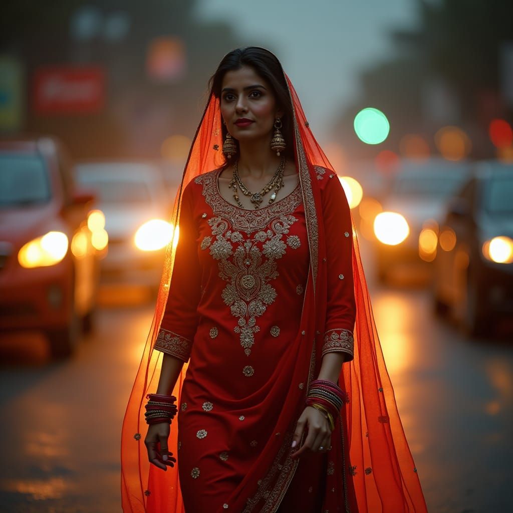 Punjabi Woman in Traditional Dress, Hyperrealistic Cityscape