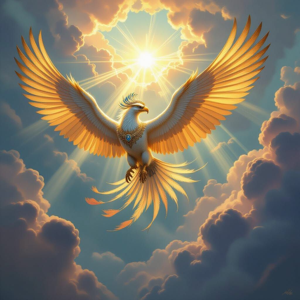 Majestic Garuda in Flight Across Swirling Sky