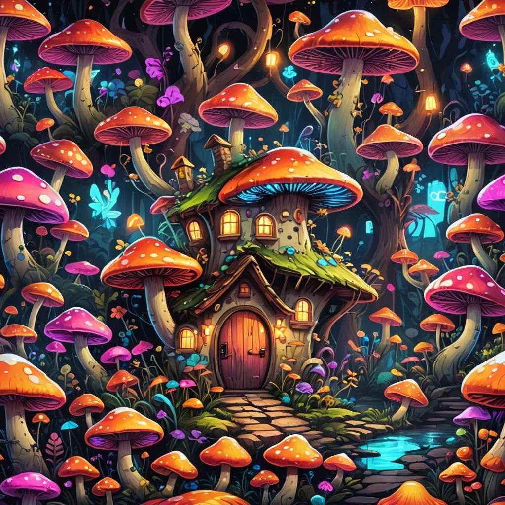 Whimsical Mushroom Cottage Street Art in Abstract Expression...