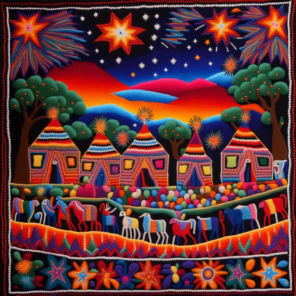 Huichol Village Scene Under Starry Night Sky