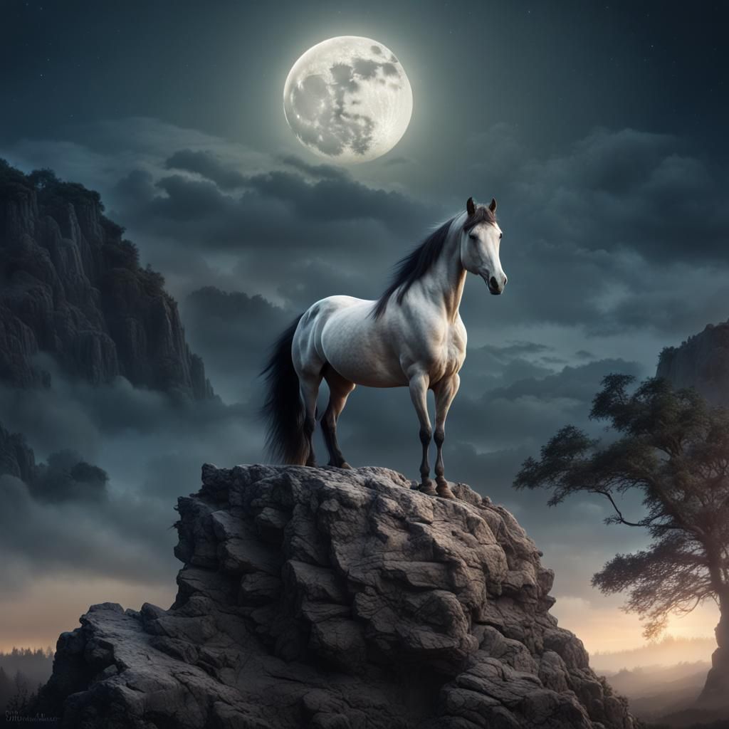 Horse and Moon in Epic Maximalist Landscape